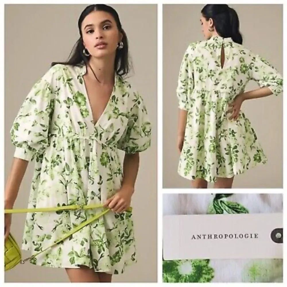 Anthropologie Maeve V-Neck Tunic Dress Green Motif Floral size Small